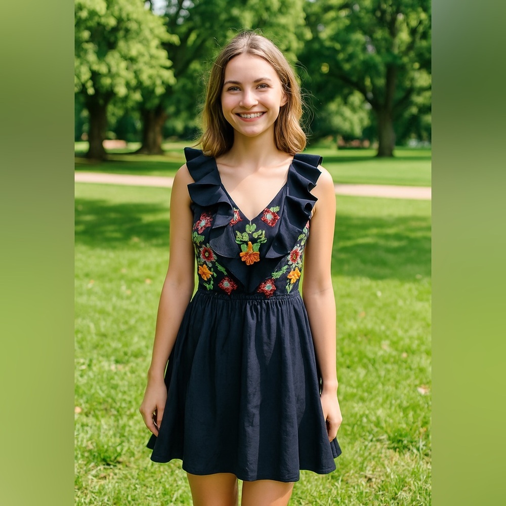LULUMARI Ruffle Embroidered Mini Dress- Size Small